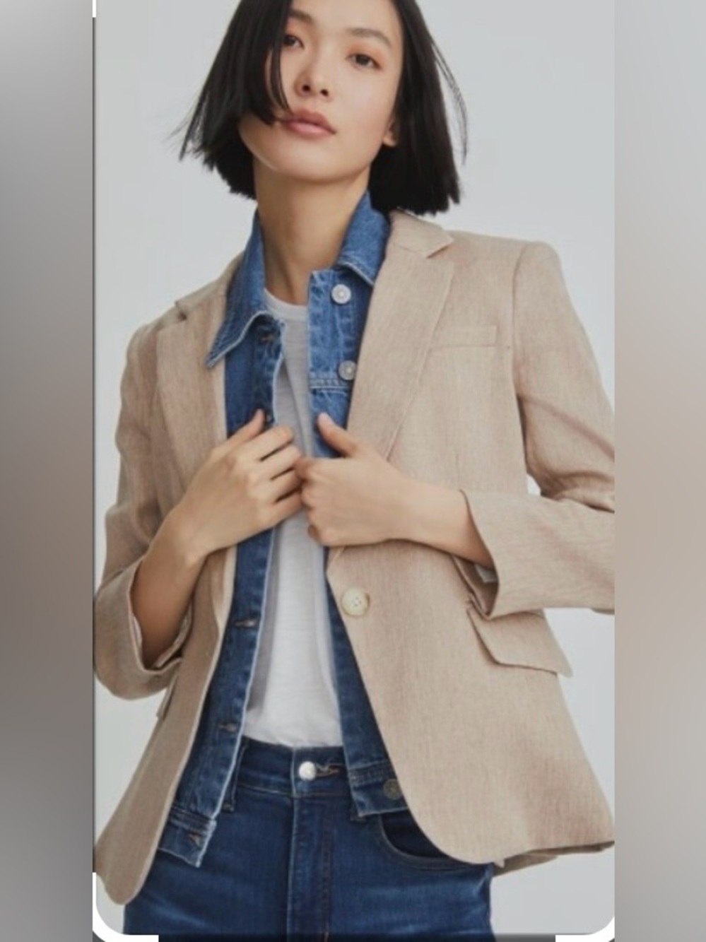 Veronica Beard cream blazer with subtle tan pinstripes